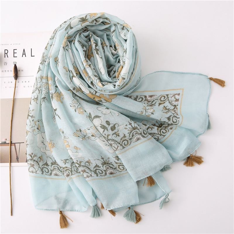 K950 Spring and summer cotton and linen ethnic style travel seaside vacation sunscreen scarf blue small flower print silk scarf beach towel female