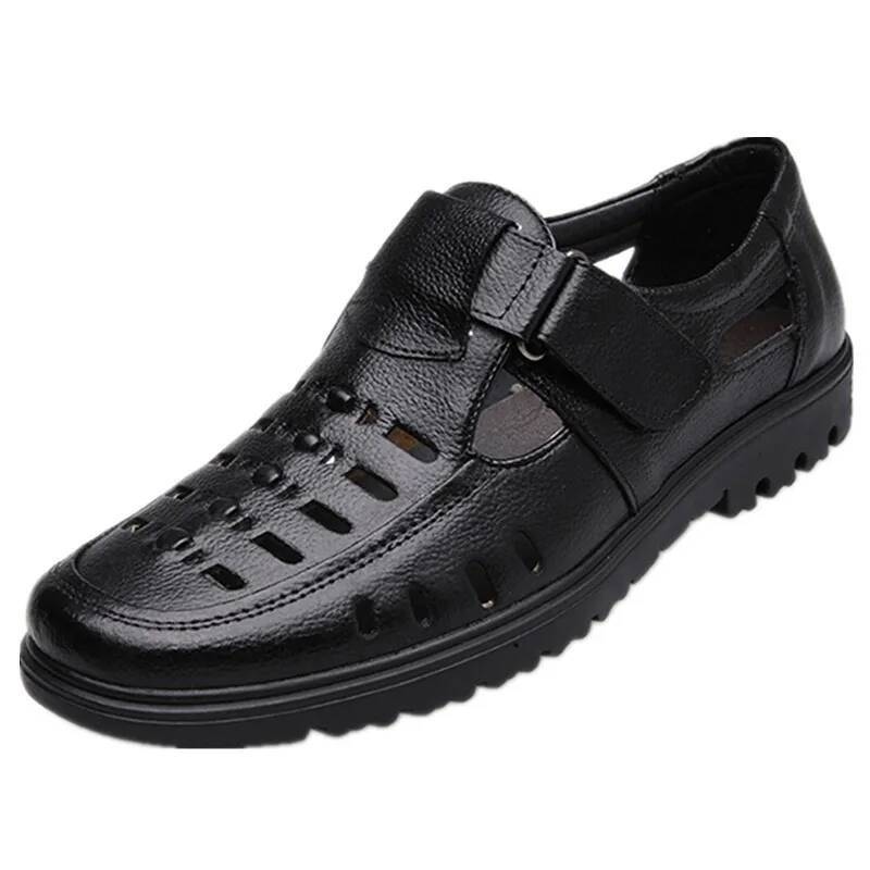 Ddmyoutdoor Men Summer Genuine Leather Man Casual Shoes Hook Loop Breathable Middle Aged Footwear Hollow Male Sandals Outdoor Shoes