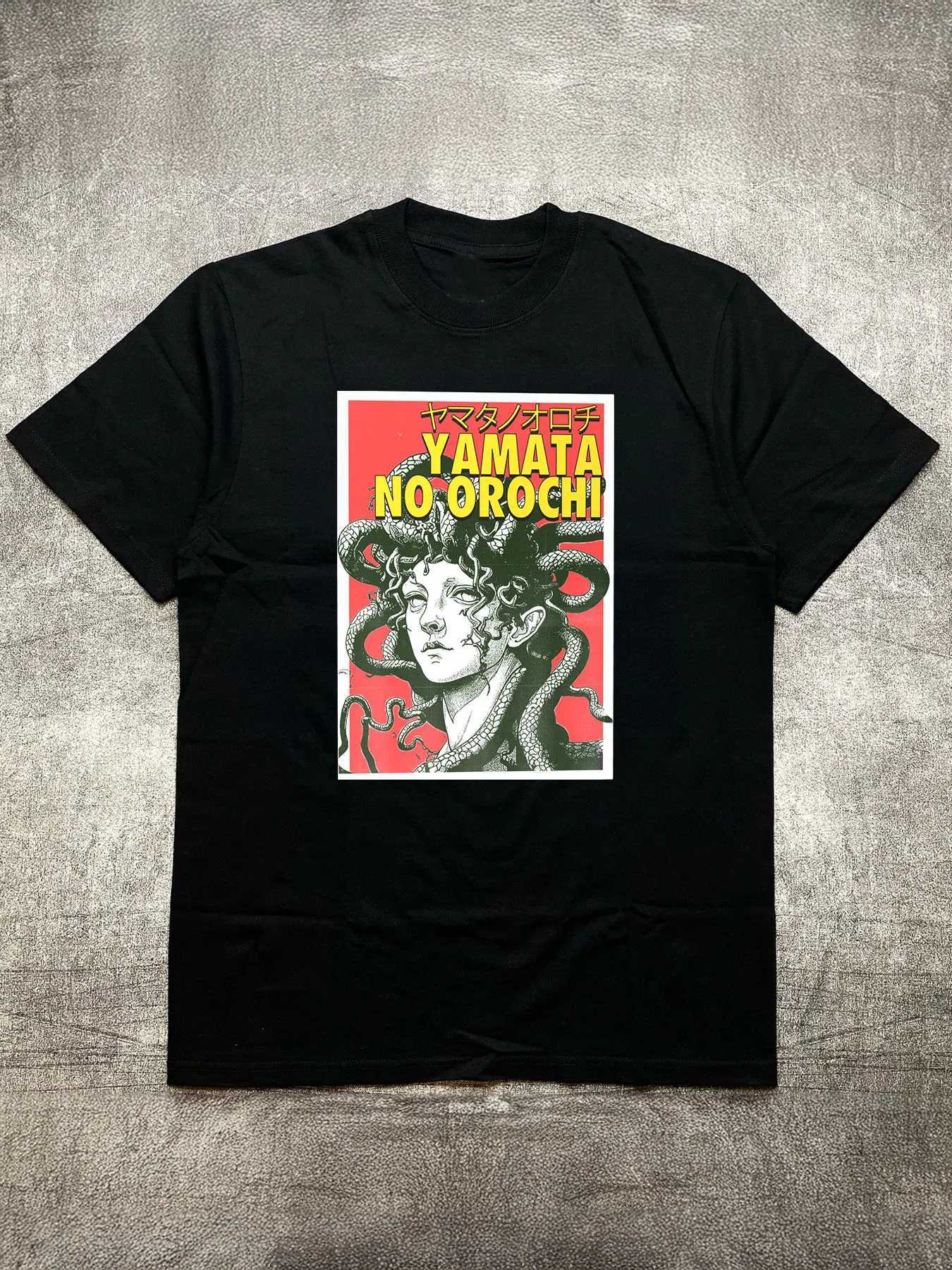 Mens Heat Transfer Print Cotton Round Neck Short Sleeve T-Shirt - Japanese Yamata No Orochi Theme Design Black 200g X250607