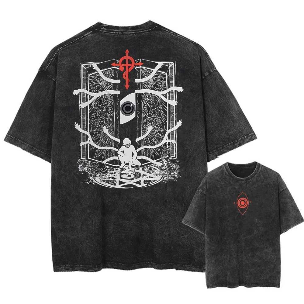 Harajuku Vintage T-shirt Streetwear Japanese Anime Graphic Print Washed Short Sleeve Oversized T-Shirt Men Casual Tees Top Unisex W250607