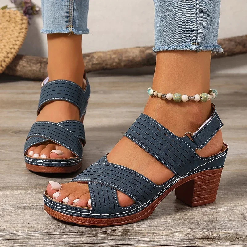 2025 Summer Thick High Heel Sandals Womens Cross Band Fashion Beach Sandels Hook Loop Anti-Slip Platform Sandalias De Mujer 250605