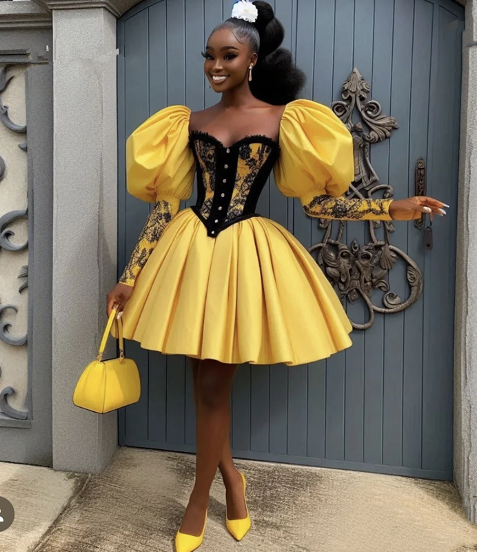 Gold Black Short Prom homecoming Dresses Sweetheart Corset Pleats Long Sleeves Satin party Occasion Gown Customized