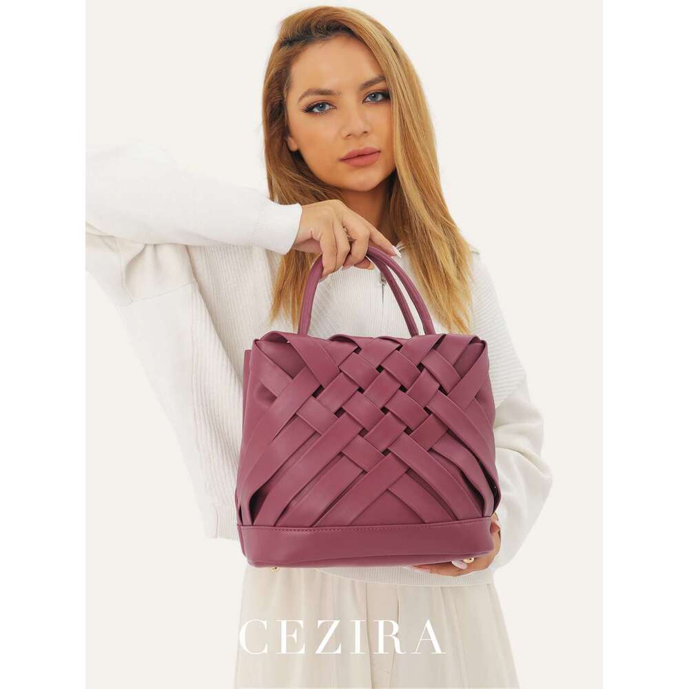 CEZIRA Handmade Woven Handbags For Women Fashion PU Vegan Leather Top-Handle Purse Tote Bucket Cross Body Bags Daily Sac