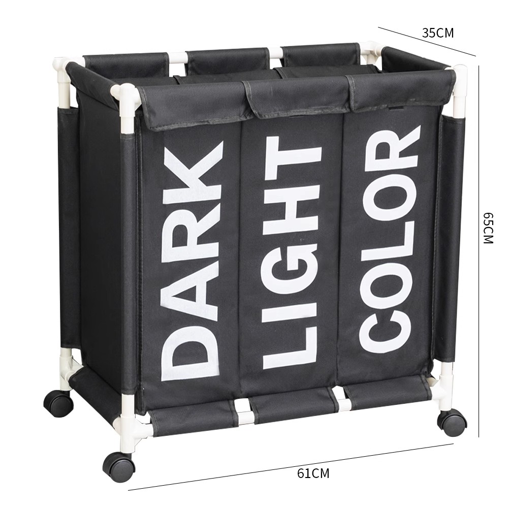 Large capacity three grid wheeled movable dirty clothes basket