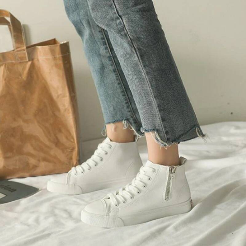 ddmyoutdoor Spring Autumn New High Top Zipper Flats Korean Version Wild Breathable White Students Flat Shoes Womens Outdoor Outdoor Shoes