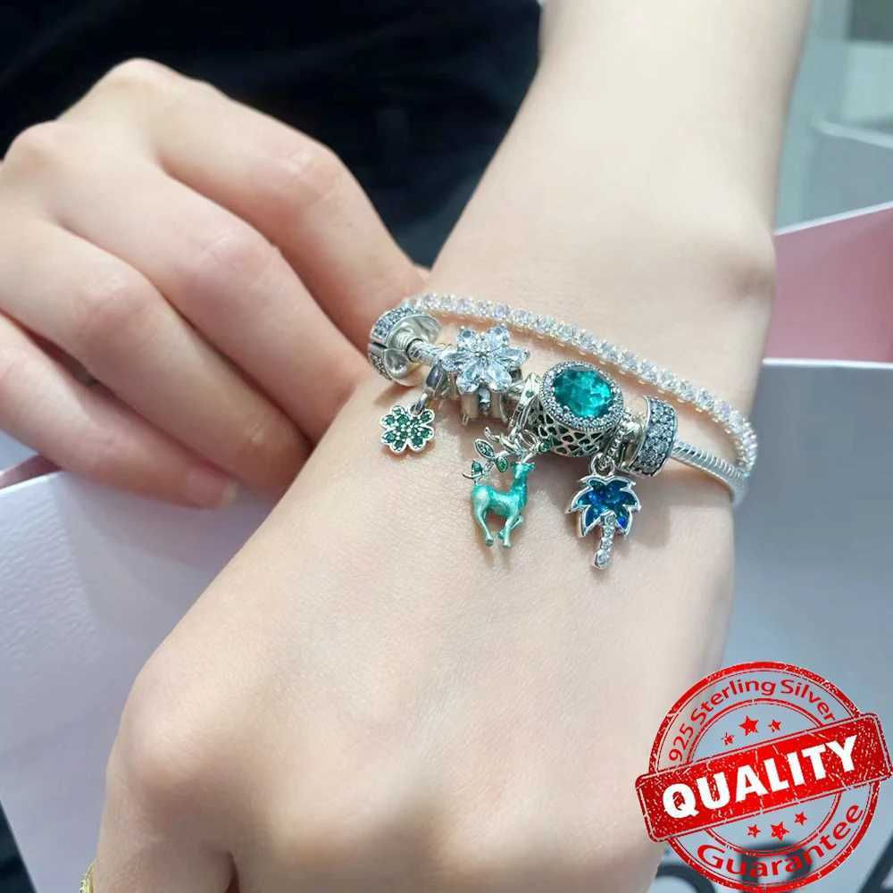 Summer Green Series Lucky Green Monstera Leaves Charm Fit Original Bracelet 925 Sterling Silver Climbing Frog Charm Fine Jewelry XJ250607