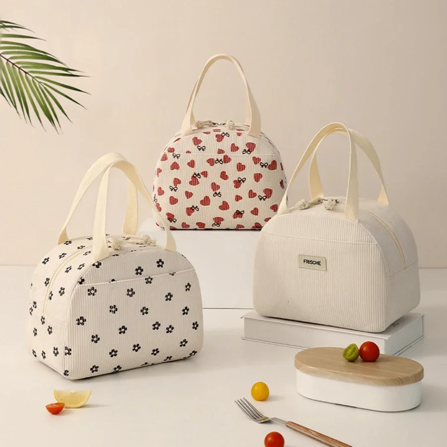 Corduroy Lunch Bag Thermal Insulation Lunch Box Storage Handbag Multifunctional School Cooler Bag Picnic FoodPouch 250606