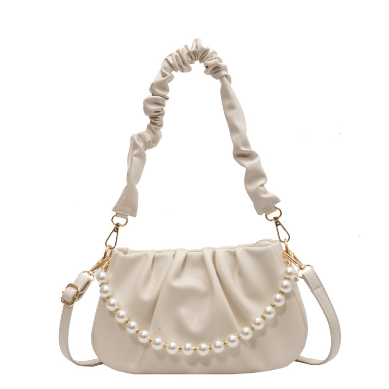 designer French Style Versatile White Pleated Cloud Small Bag for Women 2025 New Pearl Chain Underarm Bag Single Shoulder Crossbody Bag