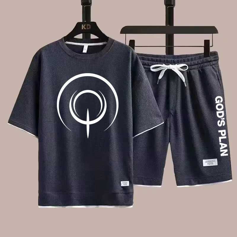Summer Mens Waffle Suit Casual T-Shirt Shorts Set Mens Sportswear Solid Color Suit Tracksuit Loose Fit Two-Piece Set W250609