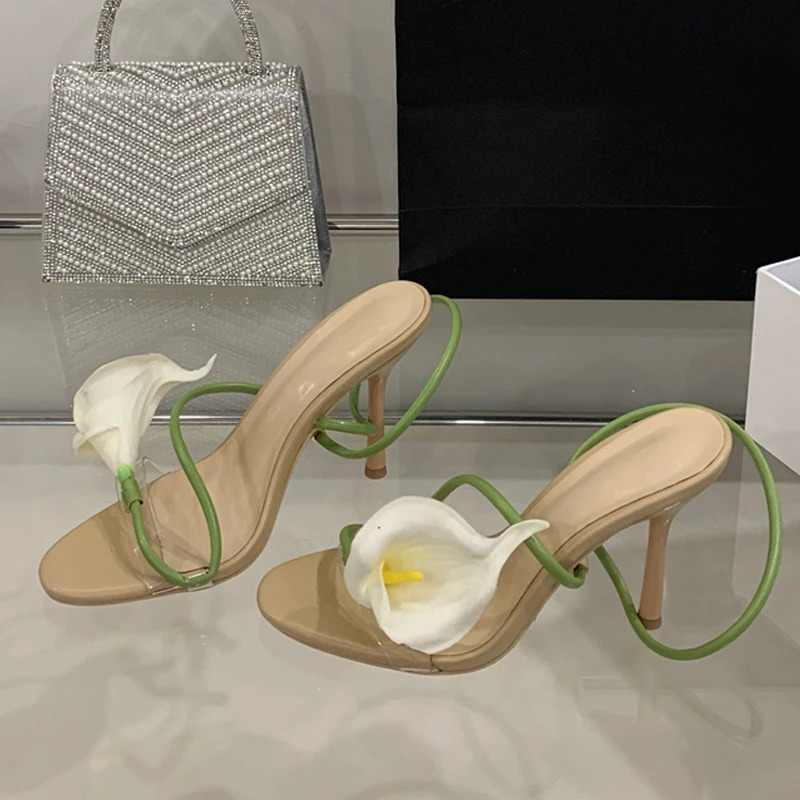 Liyke Summer Fashion Morning Glory Open Toe Slip On Back Strap Sandals Women Green High Heels Wedding Prom Shoes Zapatos Mujer 250605