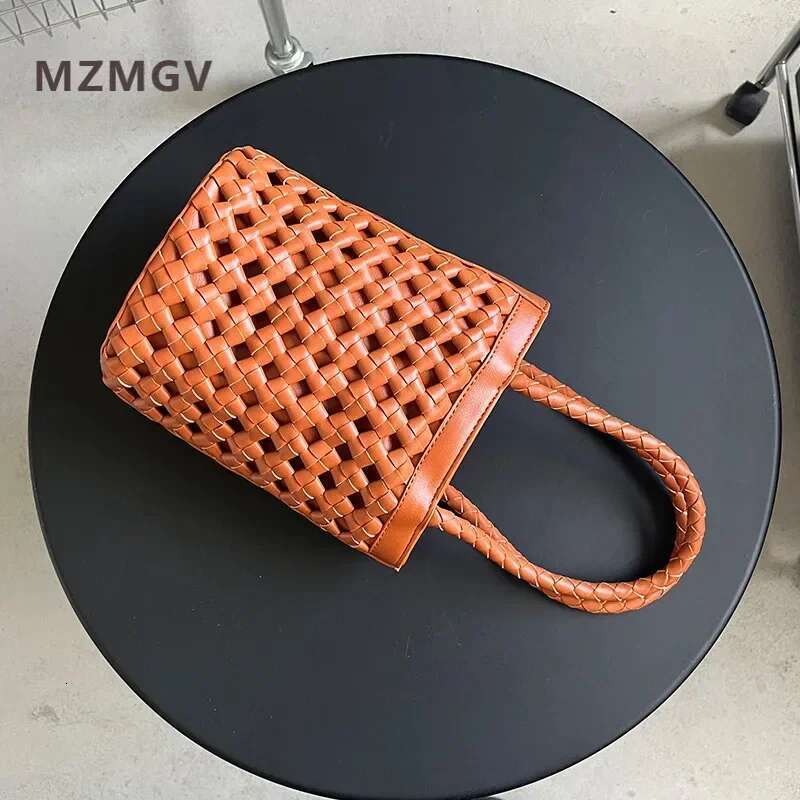 French Style Soft Pu Leather Woven Hollow Out Bucket 2025Summer New Trend Small Top-Handle Handbag Travel Vacation Beach Bag
