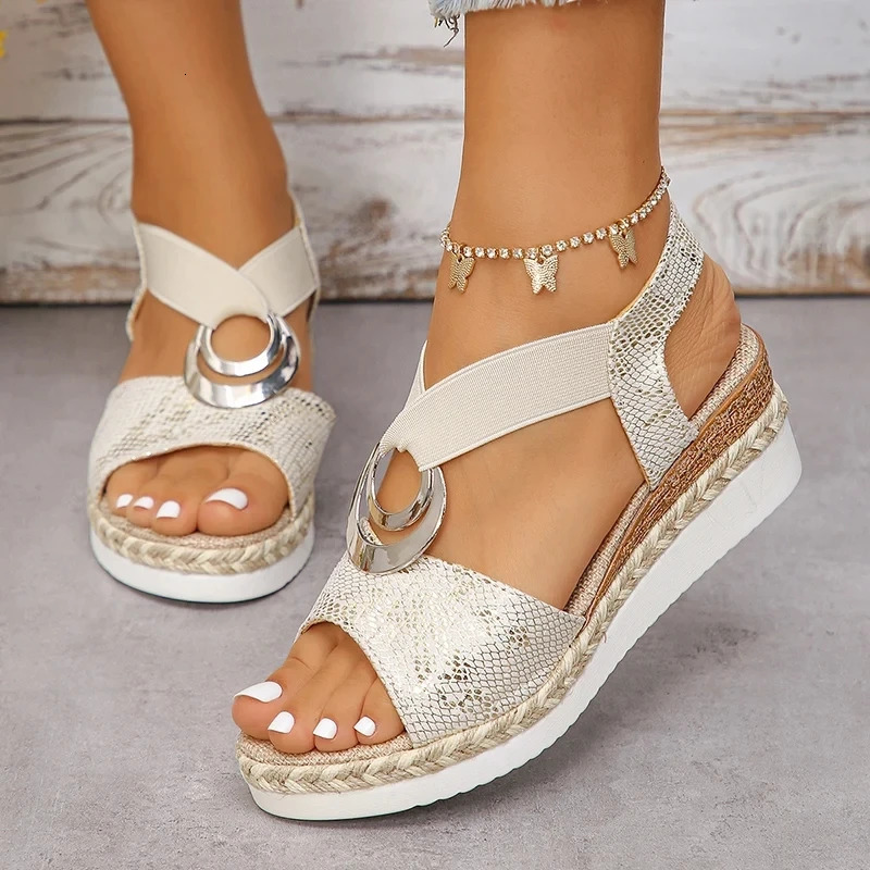 Metal Decoration Womens Wedges Sandals 2024 Summer Snake Print Platform Gladiator Shoes Woman Comfort Casual Med Heels Sandals 250605