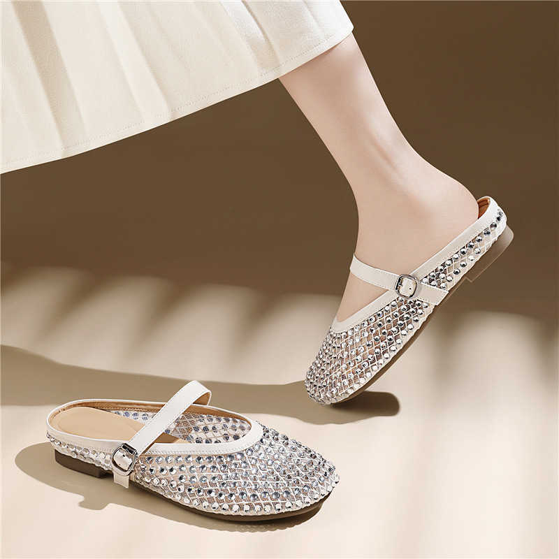 Fashion Mesh Rhinestone Runway Shoes Round Toe Mary Jane Shoes Breathable Flat Ballet Flats For Women Summer