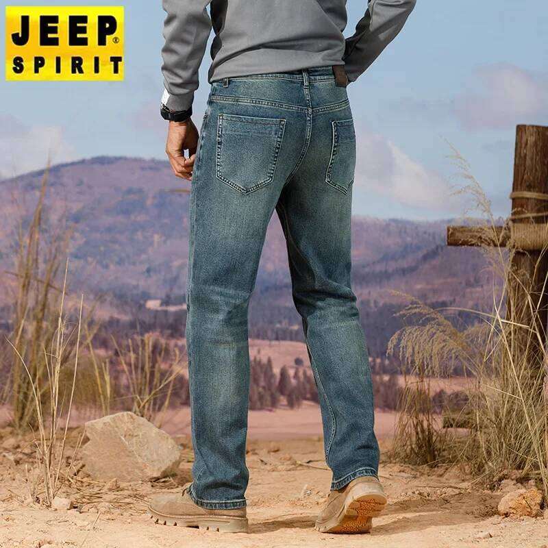 Autumn/Winter New Men's Vintage Straight-Leg Jeans Loose Fit Embroidered Mid-Waist Elasticity Casual Style Lantern Waistband