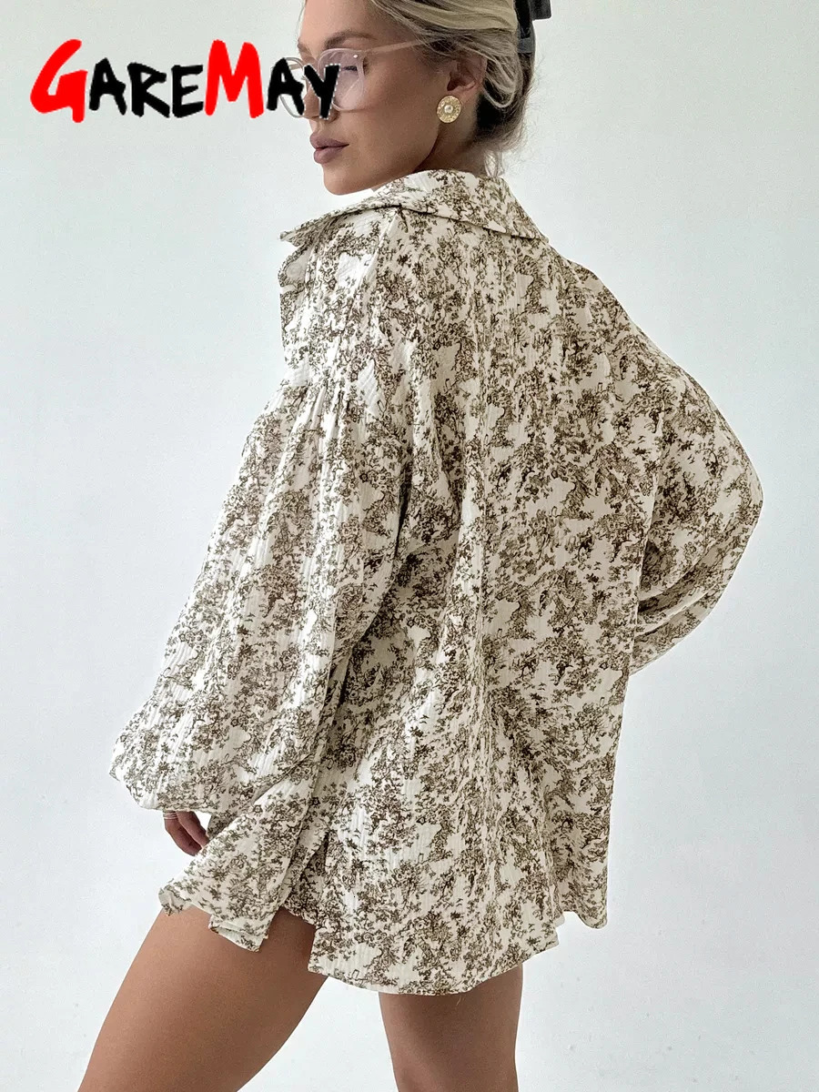 Womens Summer Suit with Shorts and A Shirt White Cotton 100% Two-piece Suit Female Long Sleeve Oversize Muslin Suit for Women 250605