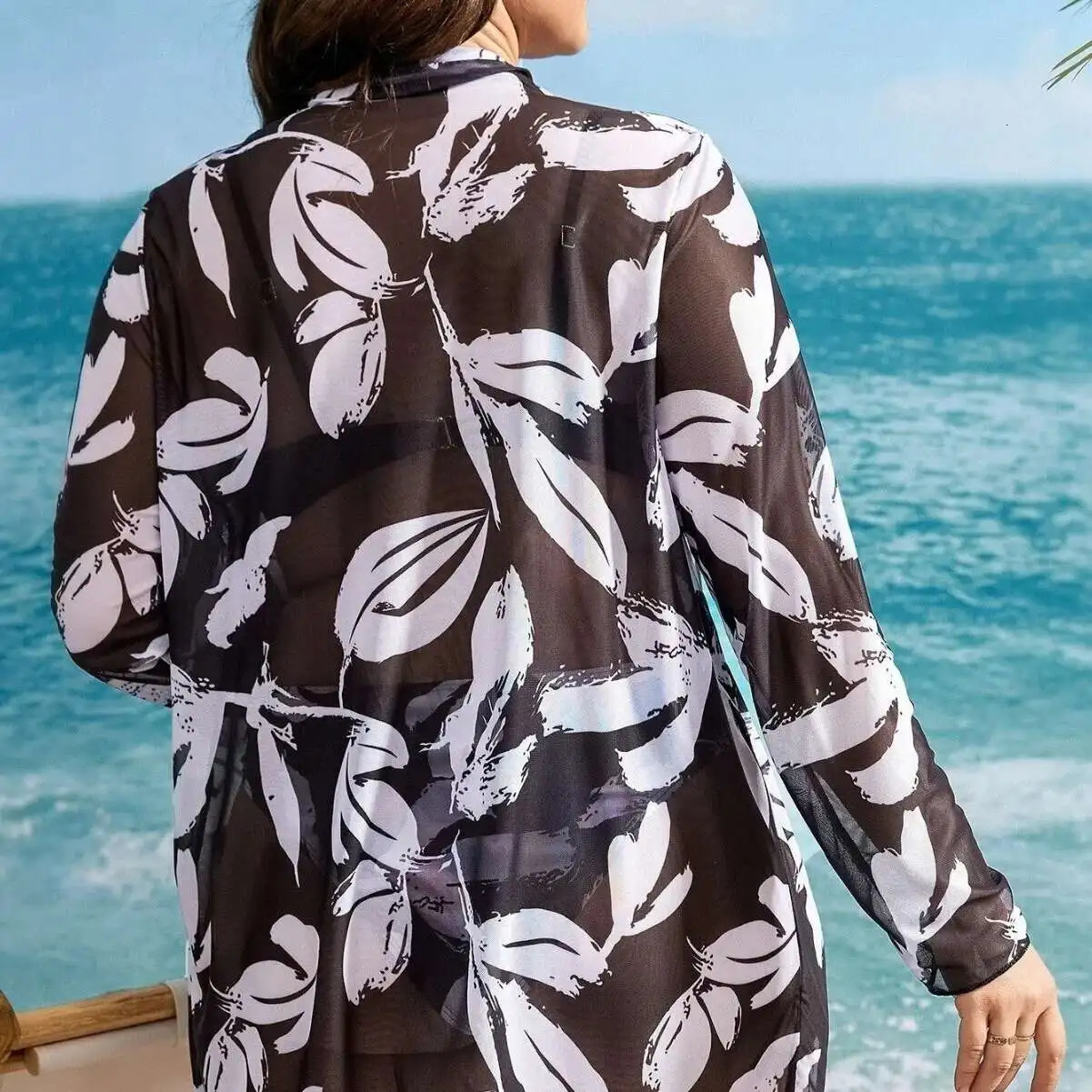 Plus Size Split Swimsuit Sexy Three Piece Set Black and White Printed Steel Support High Elastic for Women 250603