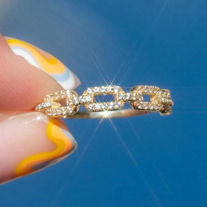 Stacking Cube Chain Link Ring For Women Iced Out Zircon Crystal Matching Gold Color Ring Punk Accessories Trend Jewelry R727 W250606