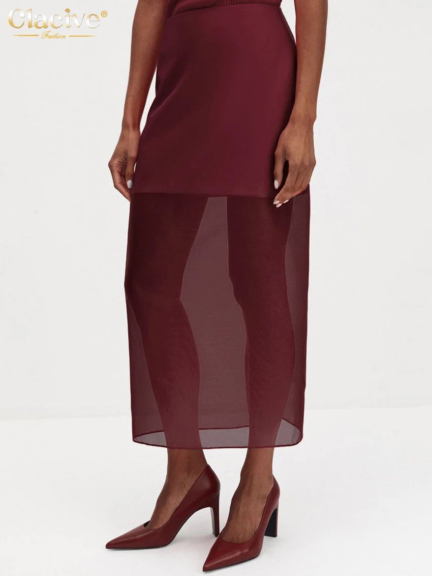 Clacive Fashion Loose Balck Women Skirt Casual High Waist Ankle Length Skirts Elegant Classic Mesh Spliced Skirt Female Clothing 250605