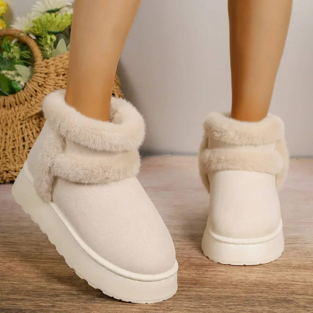 Ddmyoutdoor Women White Plush Boots Flat Bottomed Short Tube Thick Sole Platform Comfort Warm Snow Cotton Shoes Outdoor Shoes