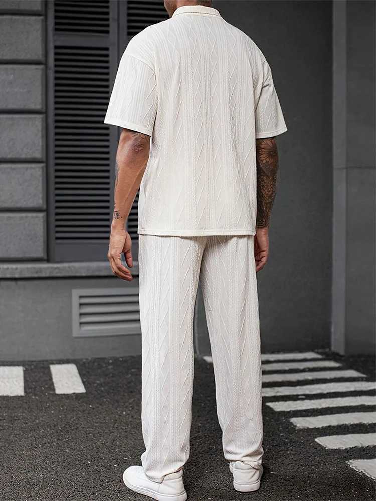 Stylish Jacquard Textured Mens Outfits Summer Casual Short Sleeve Polo Shirts And Pants Two Piece Suits Men Vintage Loose Sets W250609
