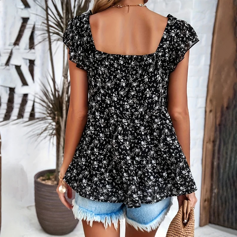 Plus Size Womens Shirts Floral Print Square Collar Layered Loose Fit Suitable for Work Clothing and Vacation 250527