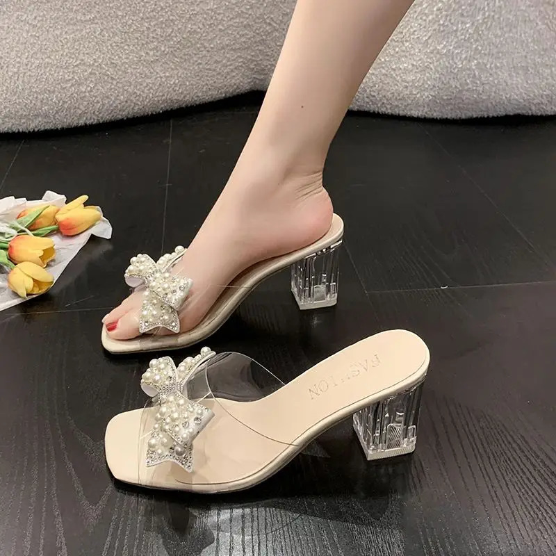 Shoes for Women Crystals Pearl Sandals Clear Woman Slippers with Bow Slides H Sandal Casual Top ns Elegant and Fashionable 250603