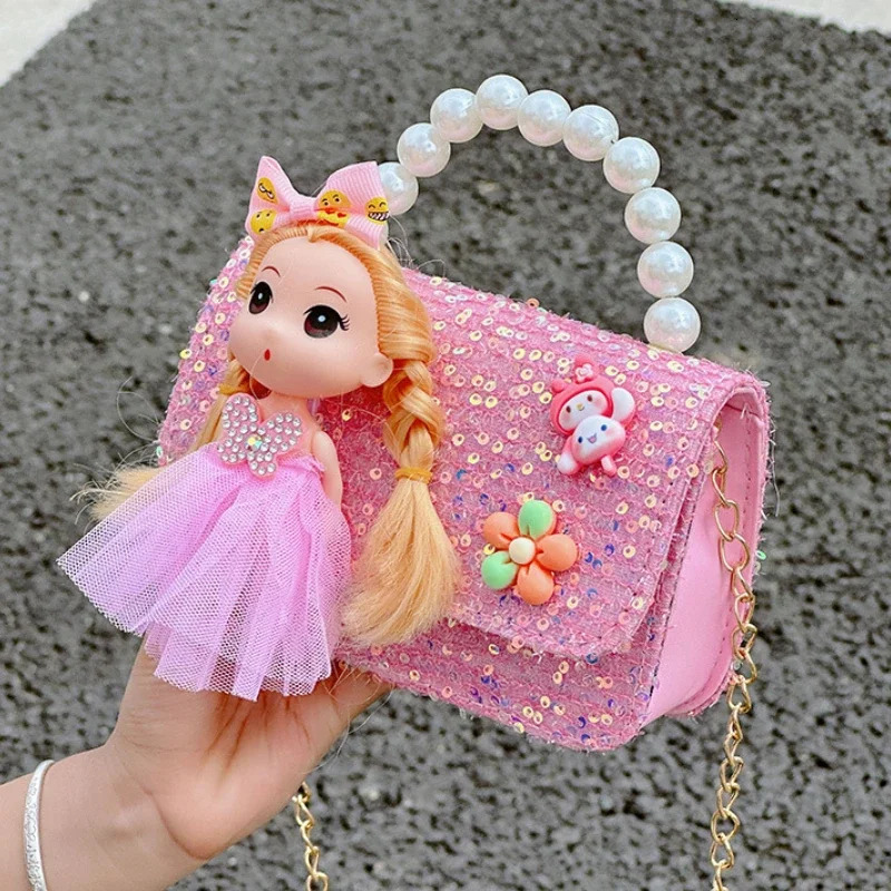 Cute Cartoon Doll Childrens Shoulder Bags Fashion Pearl Handle Princess Girl Messenger Bag Sweet Novel Kid Change Purse Handbag 250605