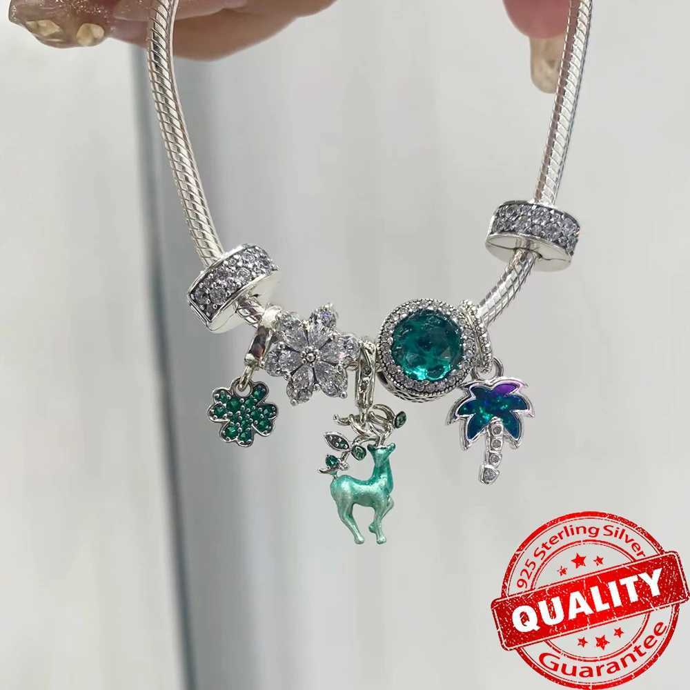 Summer Green Series Lucky Green Monstera Leaves Charm Fit Original Bracelet 925 Sterling Silver Climbing Frog Charm Fine Jewelry XJ250607