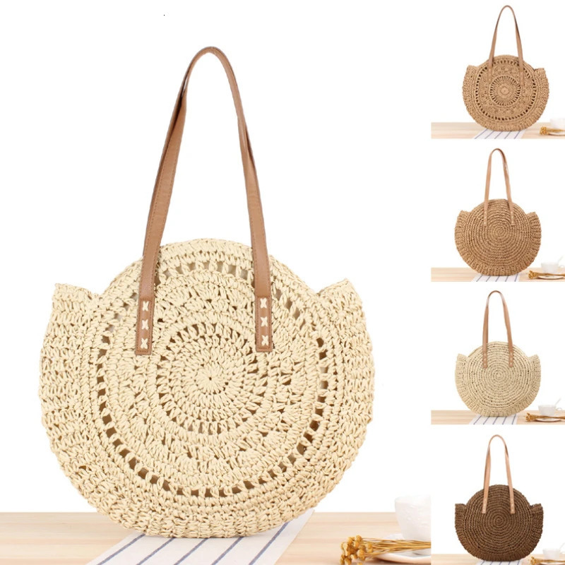 Summer Round Straw Women Vacation Woven Beach Shoulder Bag Large Capacity Hollow Out Simple Tote Travel Handbags 250605