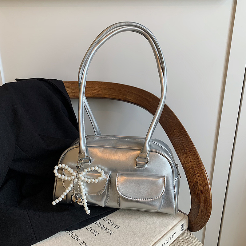 designer Korean Niche Patchwork Shoulder Bag for Women 2025 New Bowling Bag Fashion Retro Versatile Boston Underarm Bag