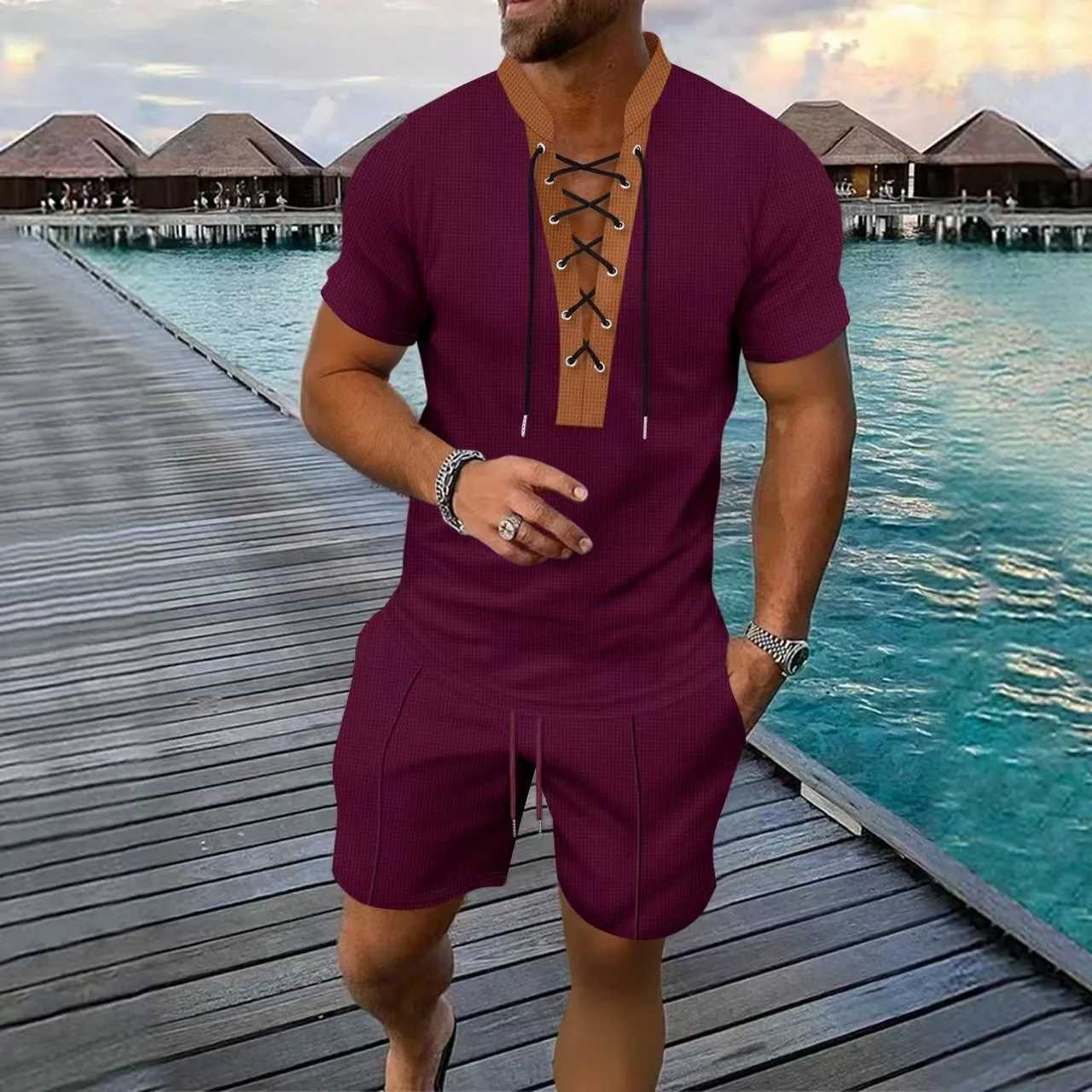 2025 Mens Summer New Casual and fashionable drawstring design T-shirt top Waffle two-piece Mens shorts set W250609