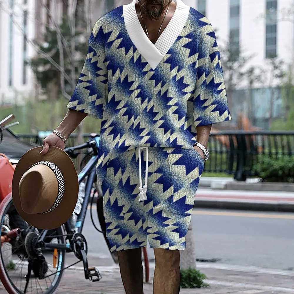 2024 New High Quality Knit Mens Set Summer V-neck Half-sleeve T-shirt And Shorts Two-piece Casual Striped 3D Mens Clothing W250609