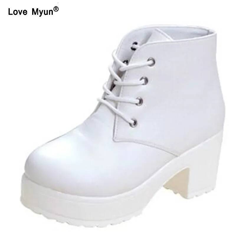 Ddmyoutdoor Women New Fashion Black White Punk Rock Lace Up Platform Heels Ankle Boots Thick Heel Platform Shoes Sdc Outdoor