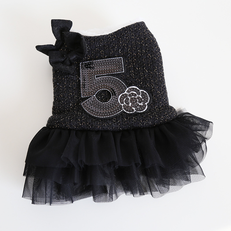 Fashion Dog Dresses for Small Dogs Girl with Sparkling Camellia and Number 5, Double Bow Decor, Luxury Dog Wedding Dress with Multi-Layer Princess Tut