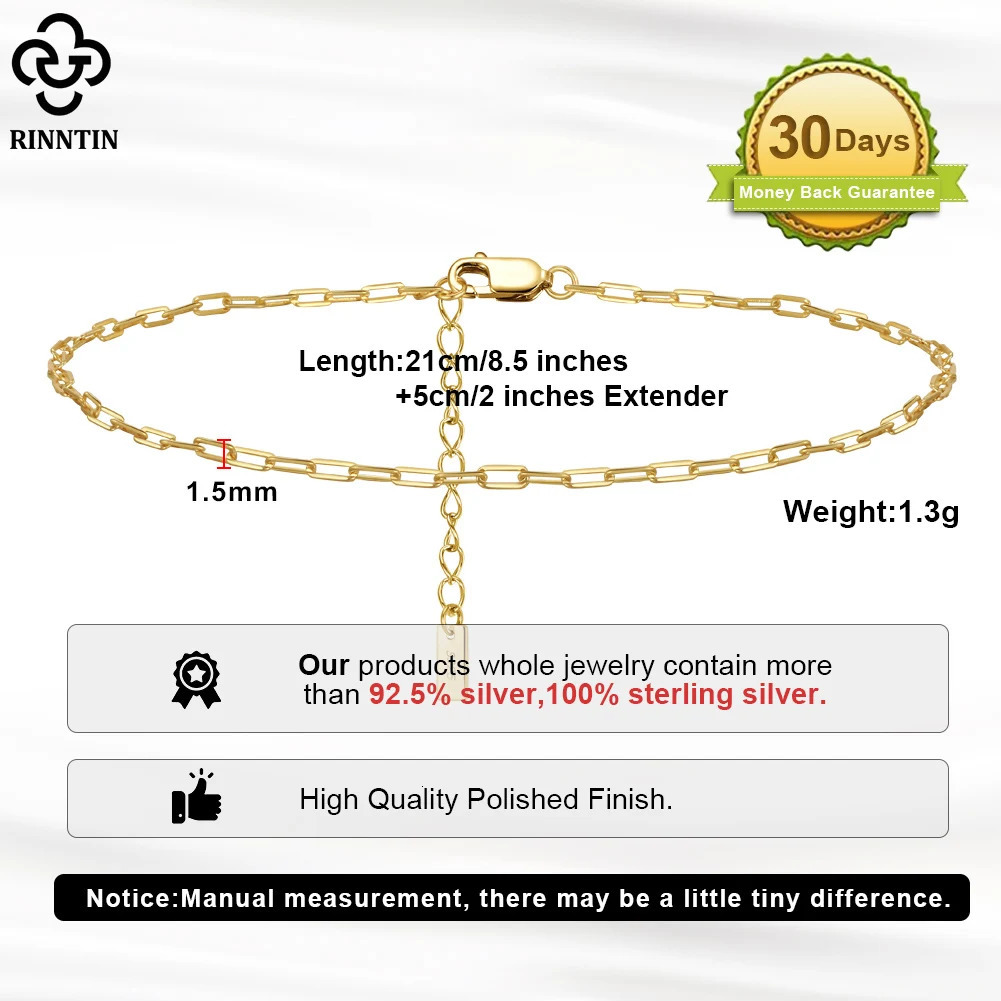 Rinntin Paperclip Chain Anklet for Women 925 Silver Summer 14K Gold Foot Chain Bracelet Fashion Ankle Straps Jewelry Gift SA22 250528
