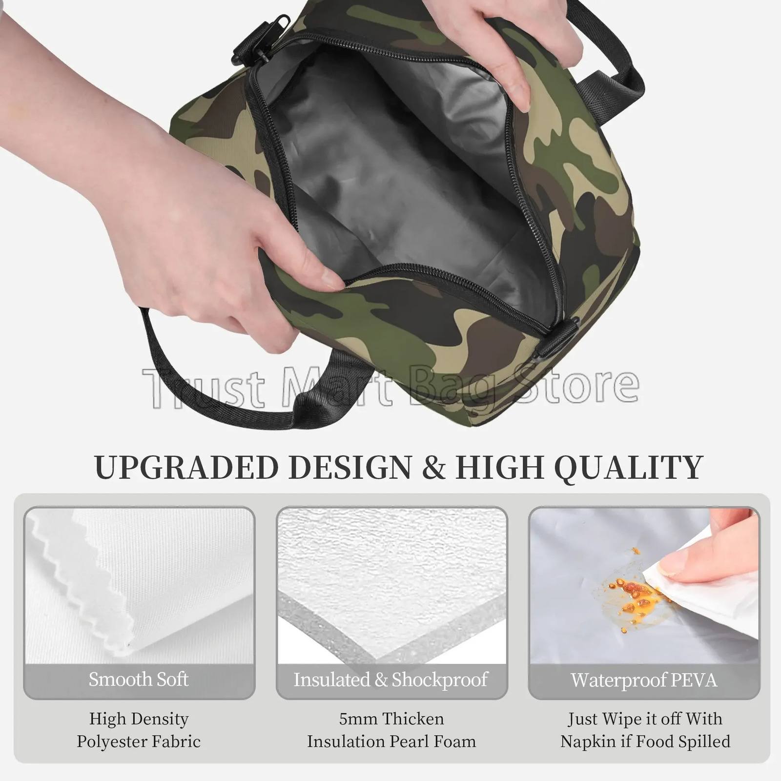Green Camo Insulated Lunch Bag for Women Men Camouflage Waterproof Cooler Thermal Lunch Tote for Office Picnic Food Bento Box 250606