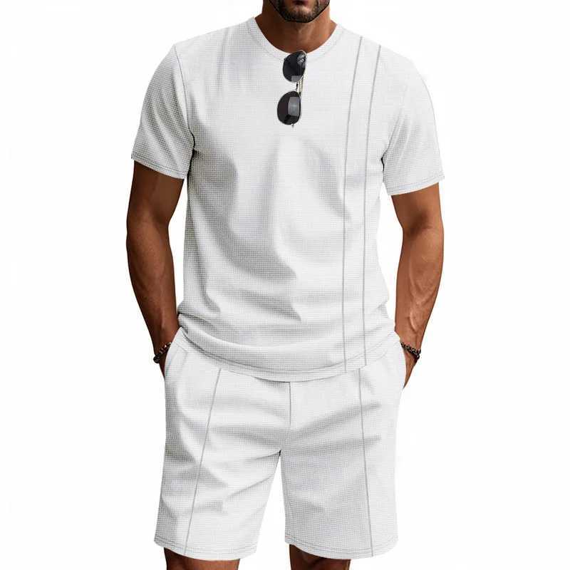 Summer American Waffle Round-Neck Mens Suit 2025 Loose Ins Style Simple Short Sleeve Top And Shorts Set for Casual Wear W250609