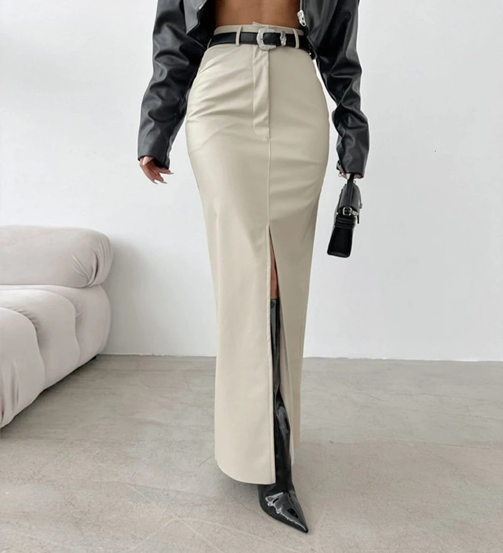 European And American Style Fashionable PU Leather Solid Color Splicing Sense High Waist Slit Slim Fit Long Skirt 250605