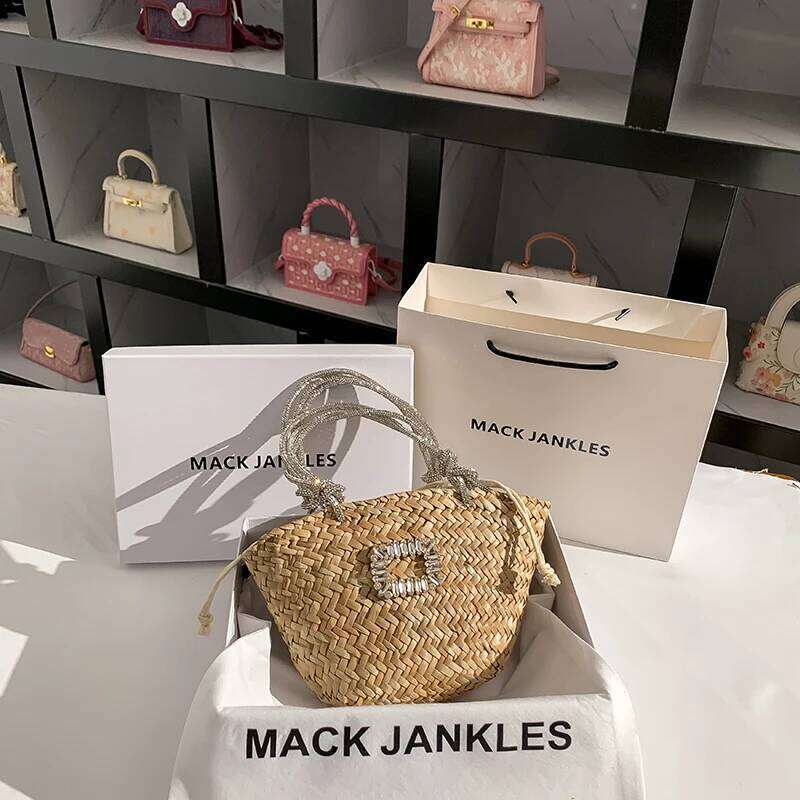 Glitter Shiny Rhinestones Dias Handle Handbag Straw Woven Handmade Bucket Women Clutch Purse Holiday Vacation Beach Bag