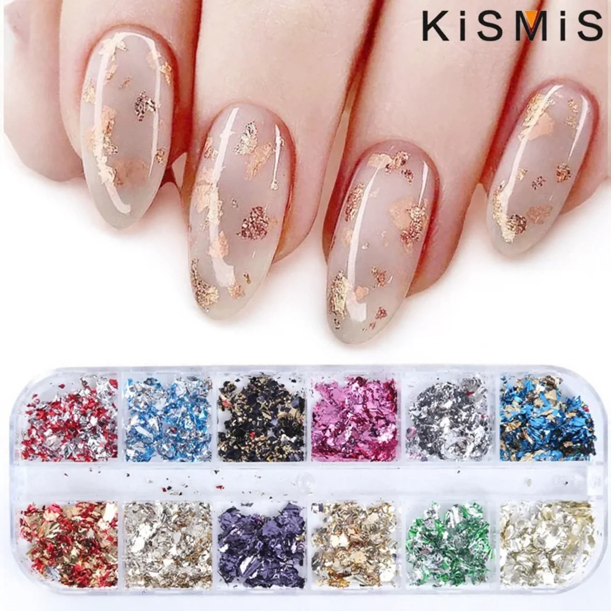 KISMIS 1 Box 12 Color Foils Gorgeous Nails Glitter Aluminum Flakes Chip Nail n Shiny Kismis Art Decoration 250605