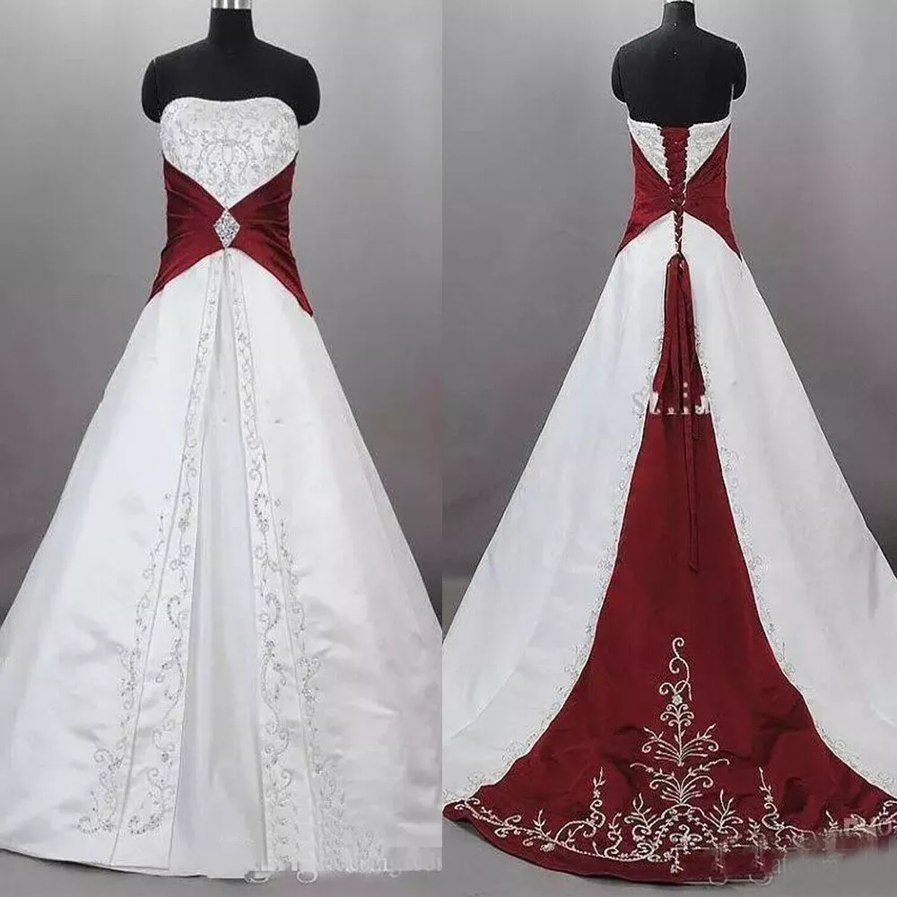 White And Dark Red Embroidery Wedding Dresses Strapless Satin A-Line Long Bridal Gown Corset Vintage Plus Size Bride Formal Occasion Wear