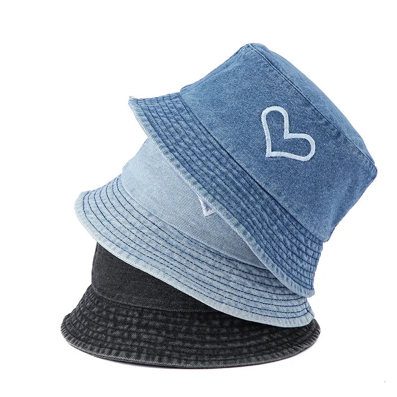 Spring Summer Strawberry Embroidery Denim Jeans Bucket Hat Legent Fisherman Hats for Women Foldable Sport Sun Beach Panama Caps 250605