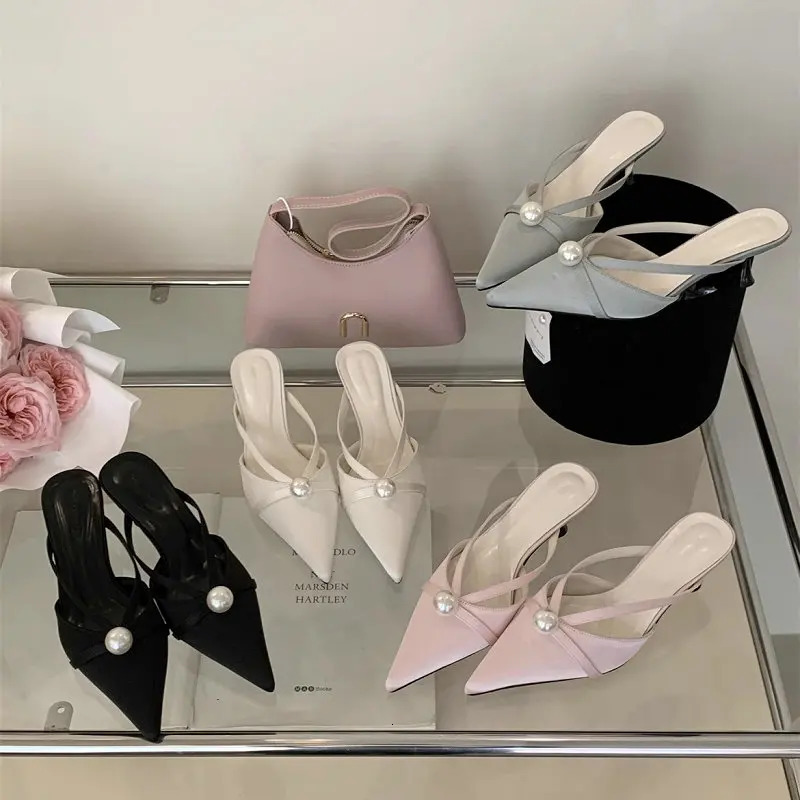 French Pointed Baotou Half Slippers Female 2025 Spring Wear Temperament Pearl Thin Heel Soft Soled Moqin Shoes 250603