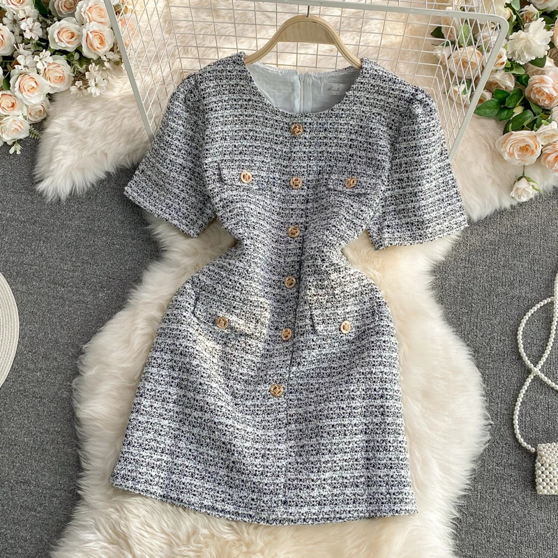 OCEANLOVE Tweed Vestidos Single Breasted Korean Fashion Summer Elegant Women Dresses Short Sleeve Vintage Sexy Mini Dress 250603