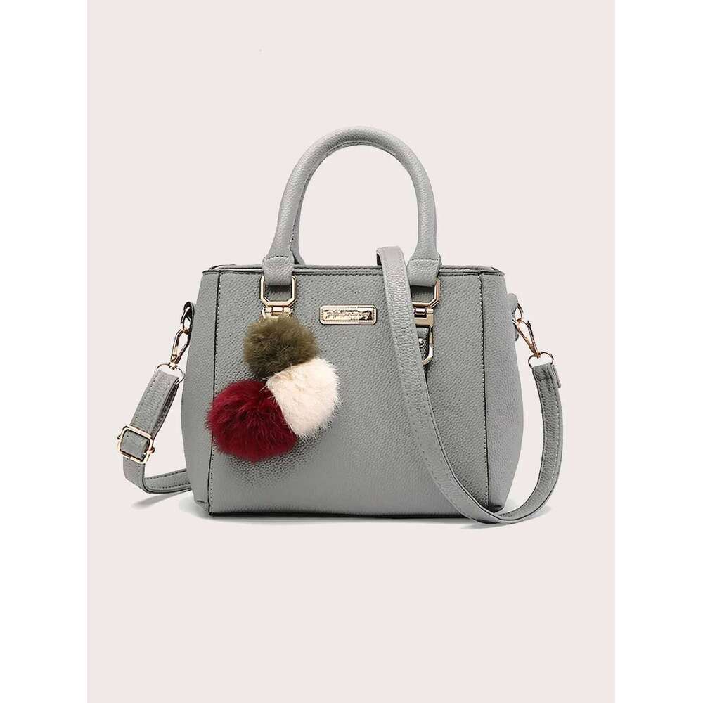 Waterproof,Lightweight,Business Casual Trendy Double Handle Satchel Bag, Pompom & Metal Decor Purse, Women's PU Crossbody Bag Pe