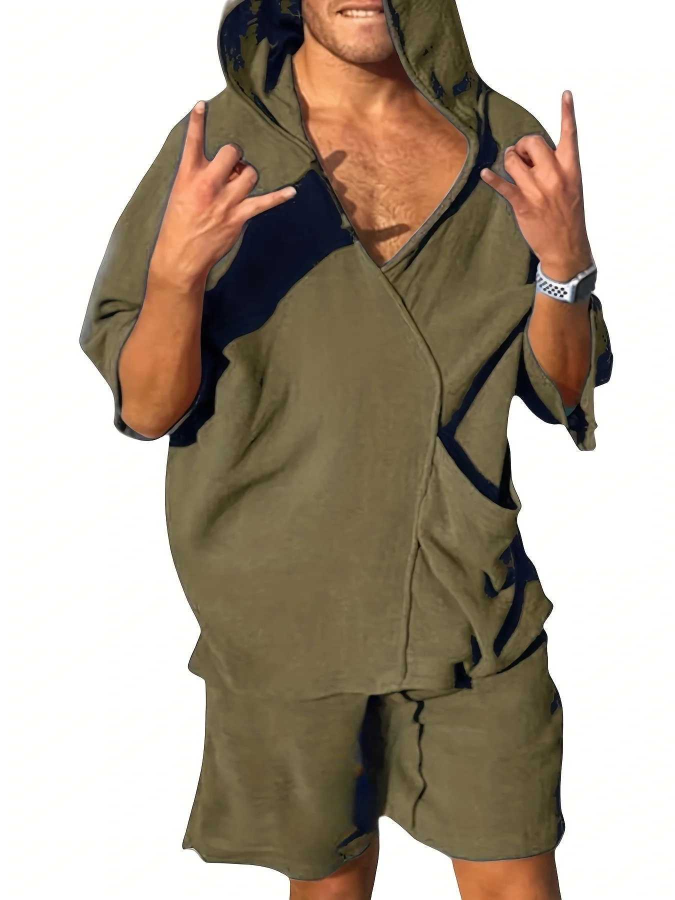 2025 new mens V-neck fashion short-sleeved shorts two-piece summer thin mens hooded beach leisure outdoor suit W250609