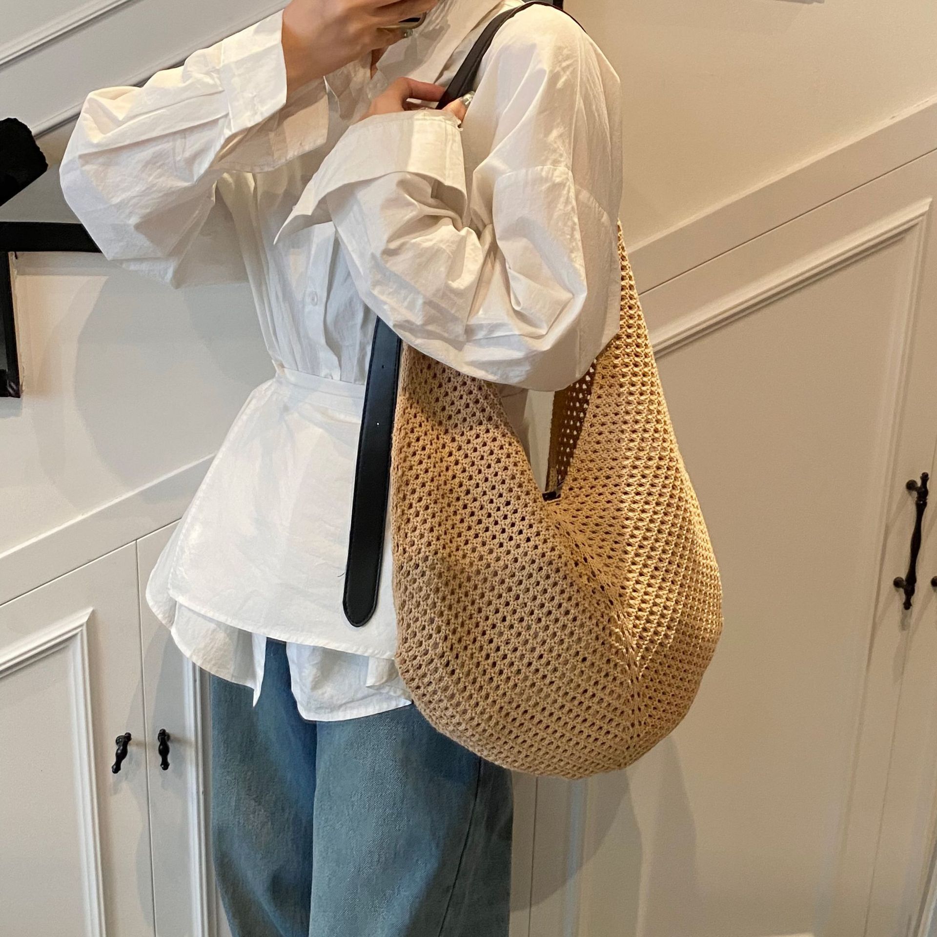 designer Summer Korean Niche Fashion Versatile Woven Rope Hollow Tote Design Mesh Handbag Mother and Child Bag Single Shoulder Larg