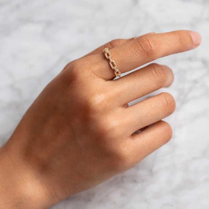 Stacking Cube Chain Link Ring For Women Iced Out Zircon Crystal Matching Gold Color Ring Punk Accessories Trend Jewelry R727 W250606