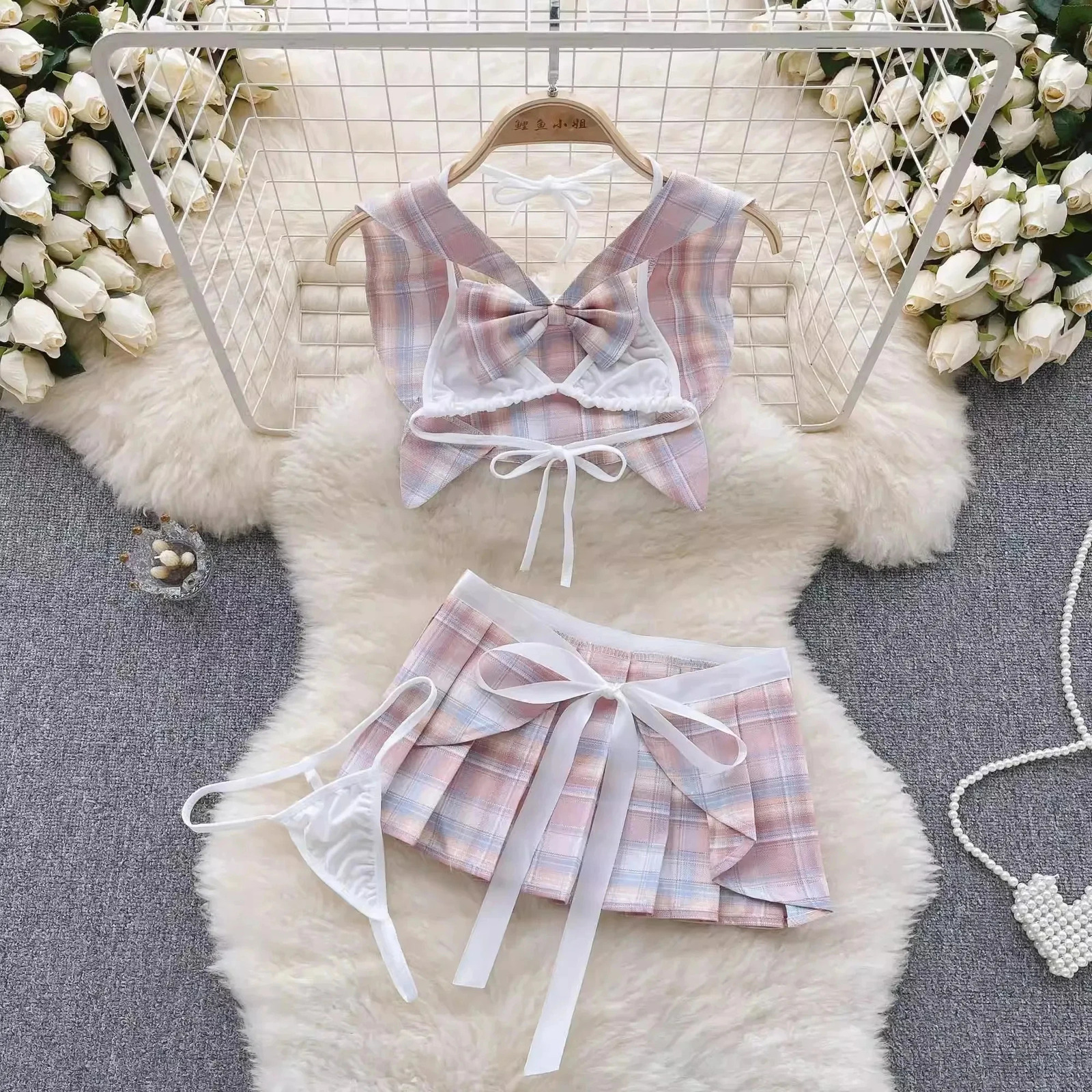 Japan JK Plaid Pleated Skirt Set V-Neck Crop Top Lace Up Short Skirt Sexy Pajama Set Ladys Pink Sleepwear Erotic Lingerie Sets 250603