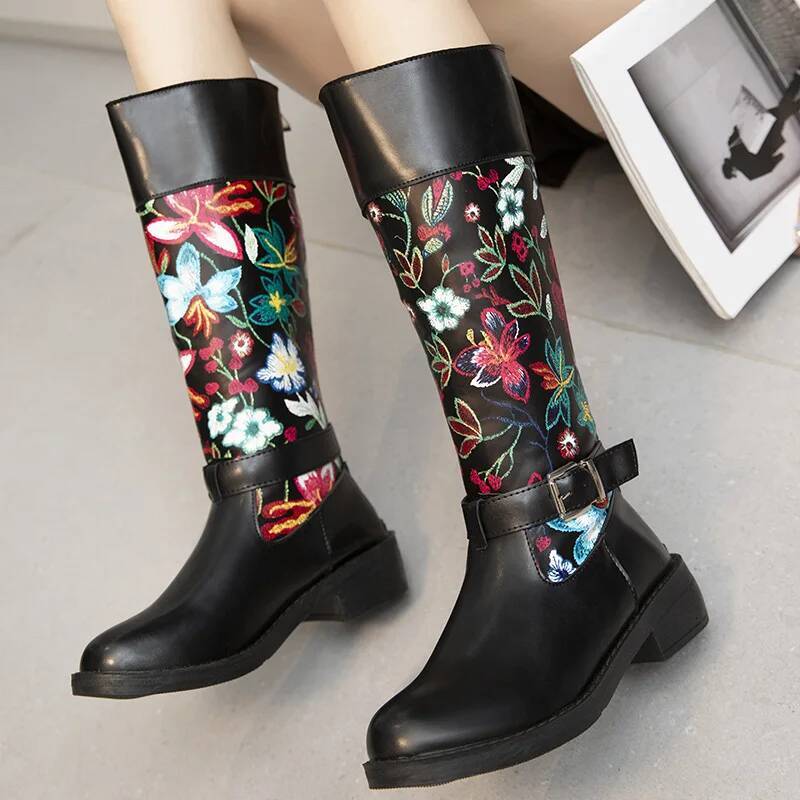 Ddmyoutdoor Retro Printed Flower Cowgirl Women Shoes Woman Genuine Leather Mid Calf Boots Winter Bohemian Knight Botas Mujer Outdoor Shoes